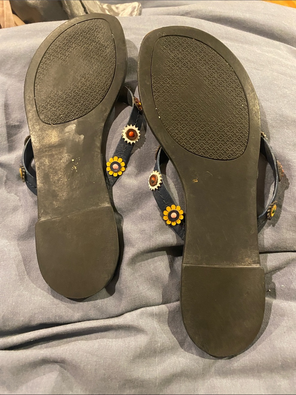 Tory Burch Navy Leather Floral-Accent Flip Flops - Picture 4 of 4